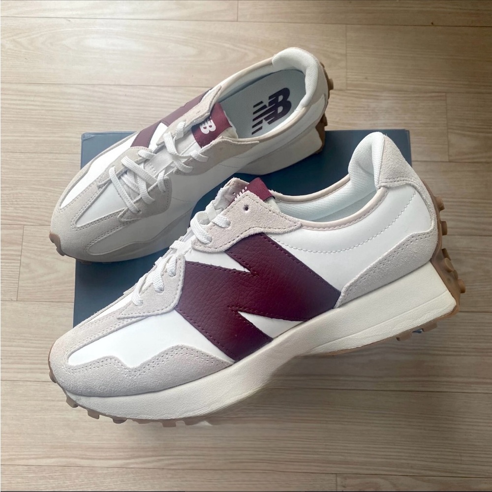 *Discontinued color way* New Balance 327 Cream and Burgundy Sneakers